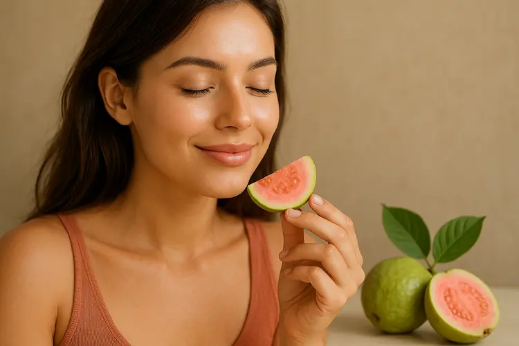 Benefits of Eating Guava for Skin—Woman with Glowing Skin and Guava Fruit