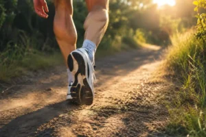 Runner jogging on a dirt trail during outdoor exercise