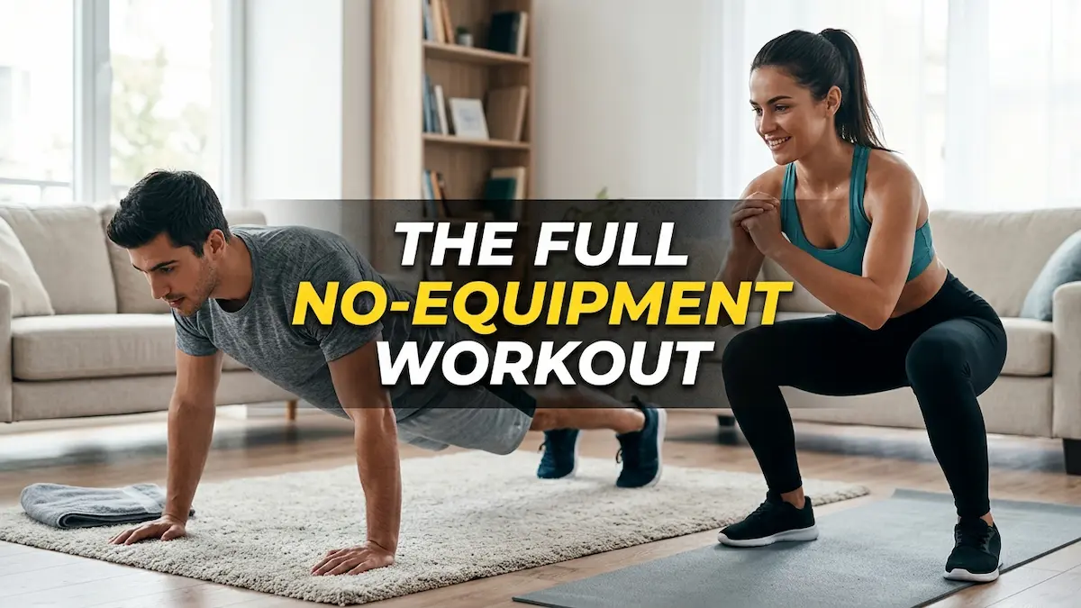 Real-looking feature banner for "The Full No-Equipment Workout" featuring a man doing push-ups and a woman doing bodyweight squats in a modern living room.